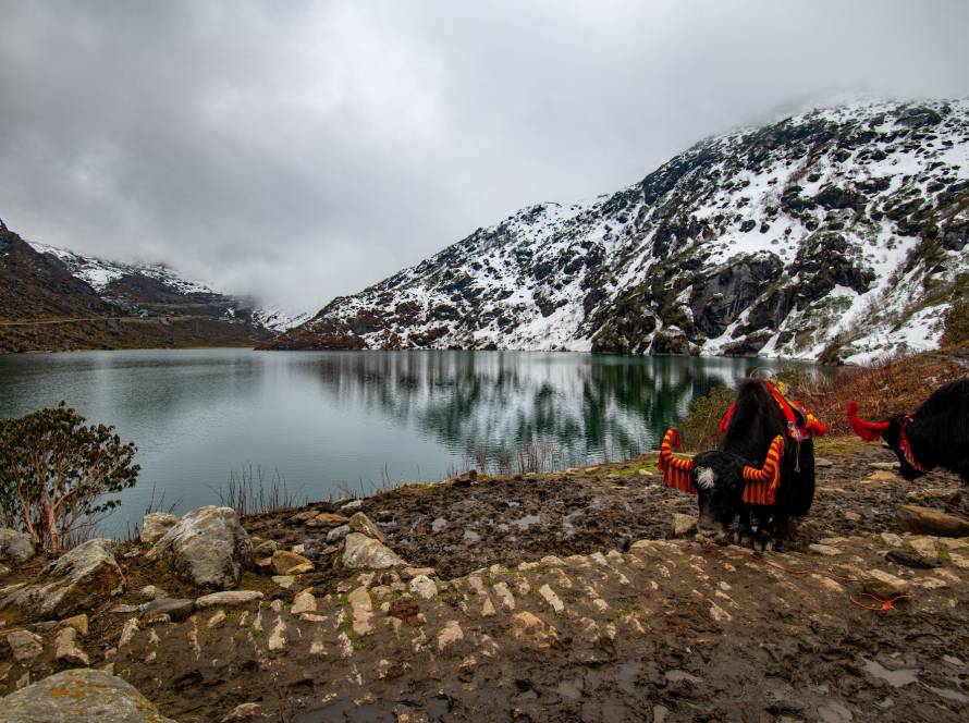 Beautiful view of the Tsomgo Lake in Sikkim, India on a gloomy day